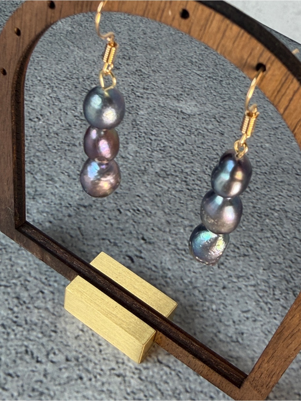 Iridescent Black Pearl Drop Earrings with Gold Hooks